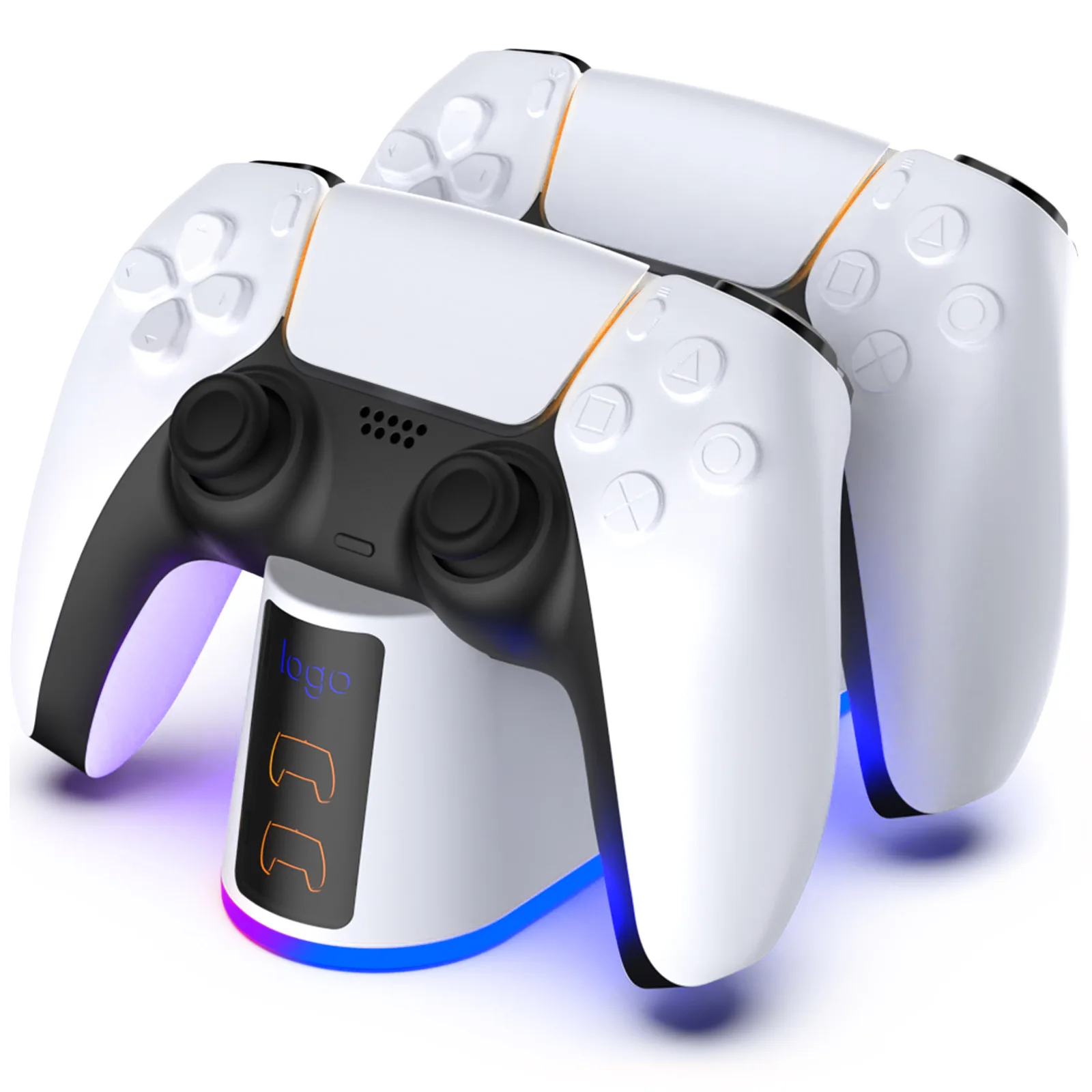 PS5 Gamepad charger with RGB color-changing light base featuring dual quick-charge contact points for dock charging