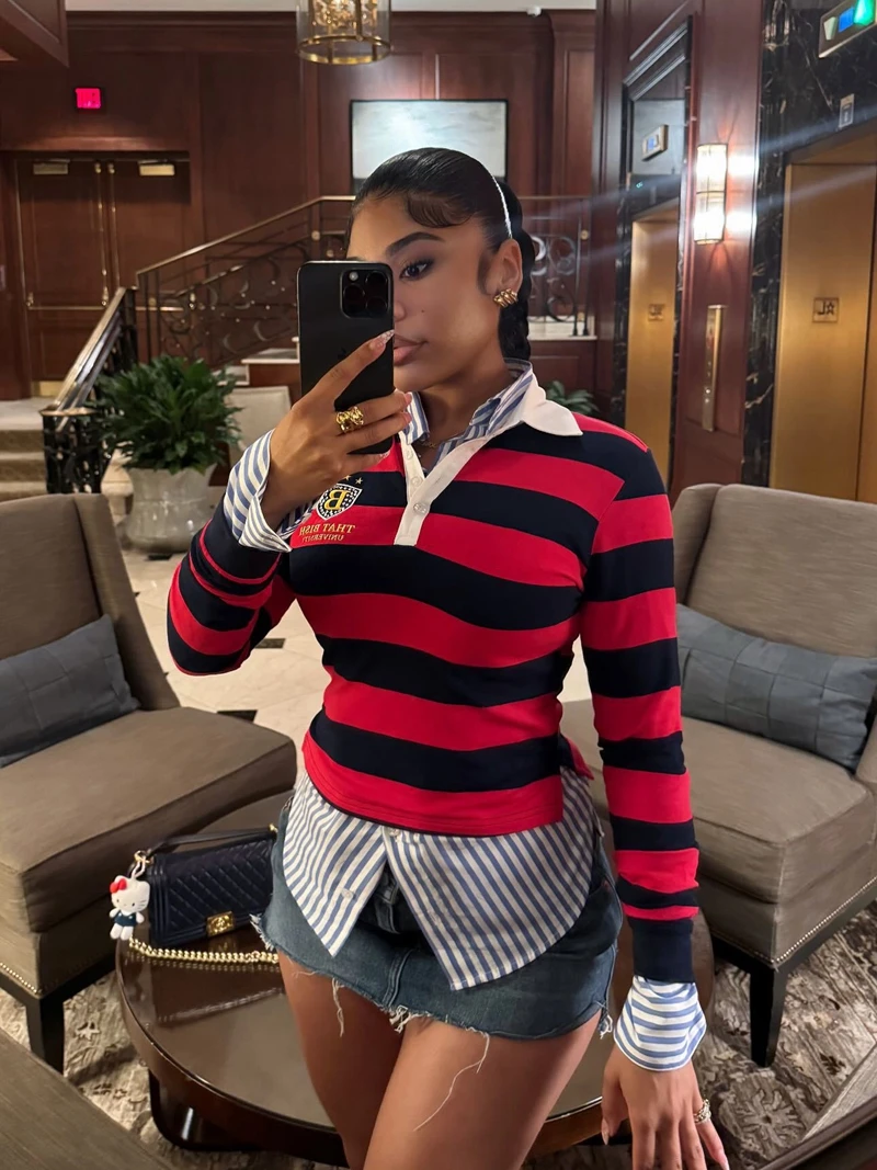 

STYLISH LADY Letter Number Striped Printed Sweatshirts 2025 Autumn Women Long Sleeve Polo Collar Casual Street Casual Blouses