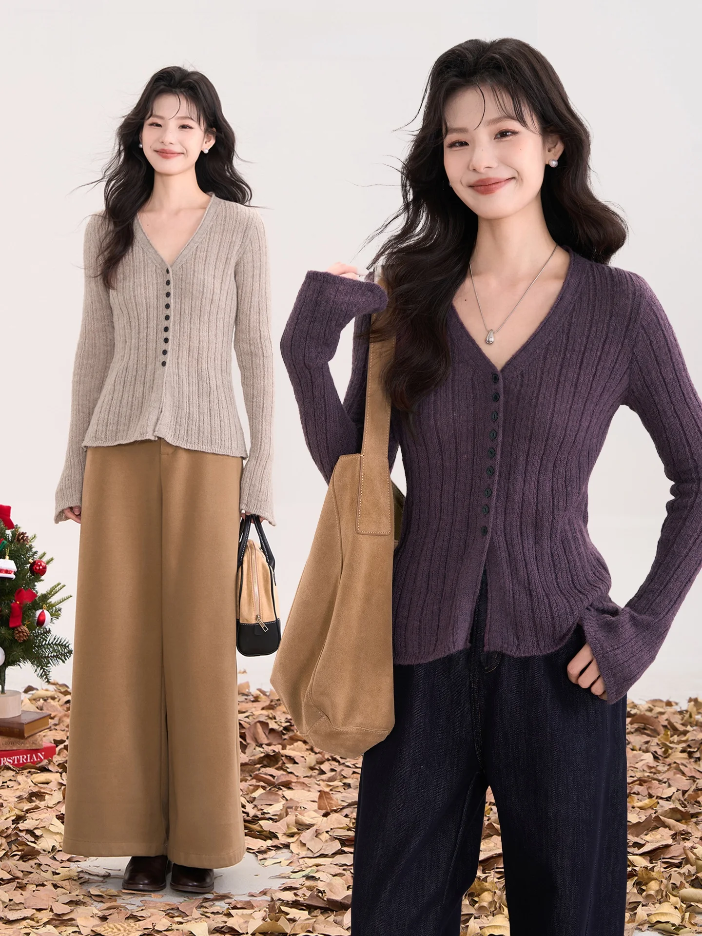 

Ele Long Sve Knitted Cardigan Women's Slim Fit Caramel Milk Cake Sle Button up Top Spring Summer Faion Ladies' Wear