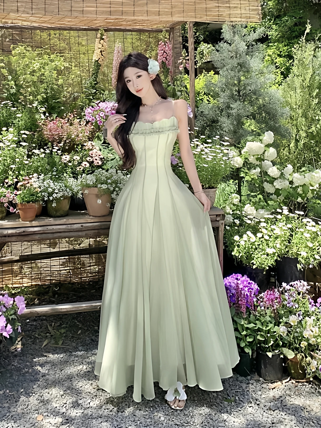 

White-flattering Green Wrap Waist Strap Dress French Style High Waist Midi Skirt Summer Casual Beach Holiday Fashion Women's ...