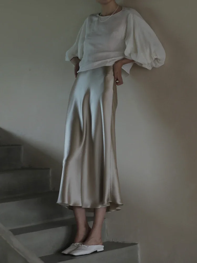 Elegant Women's Skirts Korean Fashion Satin Silk A-line Skirt Office Black Champagne Long Summer Skirts Woman Fashion