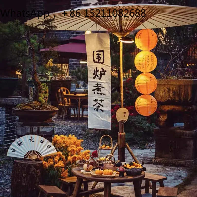 LLY outdoor large oil-paper umbrella antique rainproof sunshade retro courtyard fireplace tea umbrella