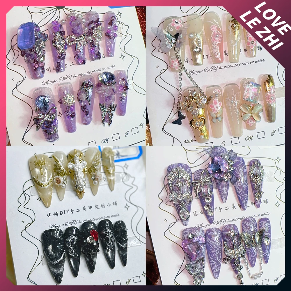 

Spice Girl Luxury Glitter Rhinestone Handmade Long Coffin Stiletto Fake Nail Bowknot Butterfly Wings Flower Pearl Press On Nails