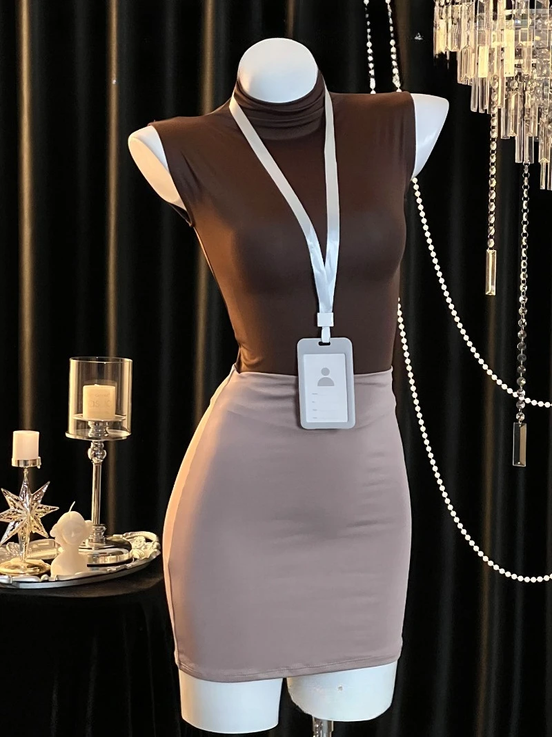 

Соблазнительная офисная ночная рубашка-секретарша, коричневое тонкое мини-платье Maillard с высоким воротом, очаровательная женская униформа для ролевых игр