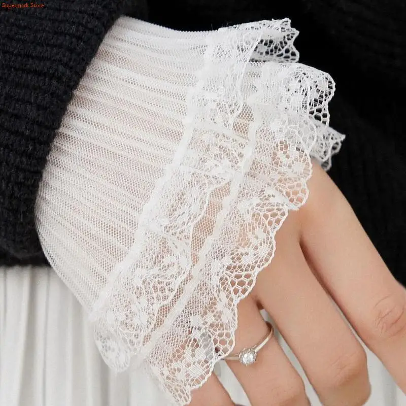 Q5WE Detachable Sleeves Mesh Lace Pleated False Cuffs Layered Lace Elastic Wrist Cuff