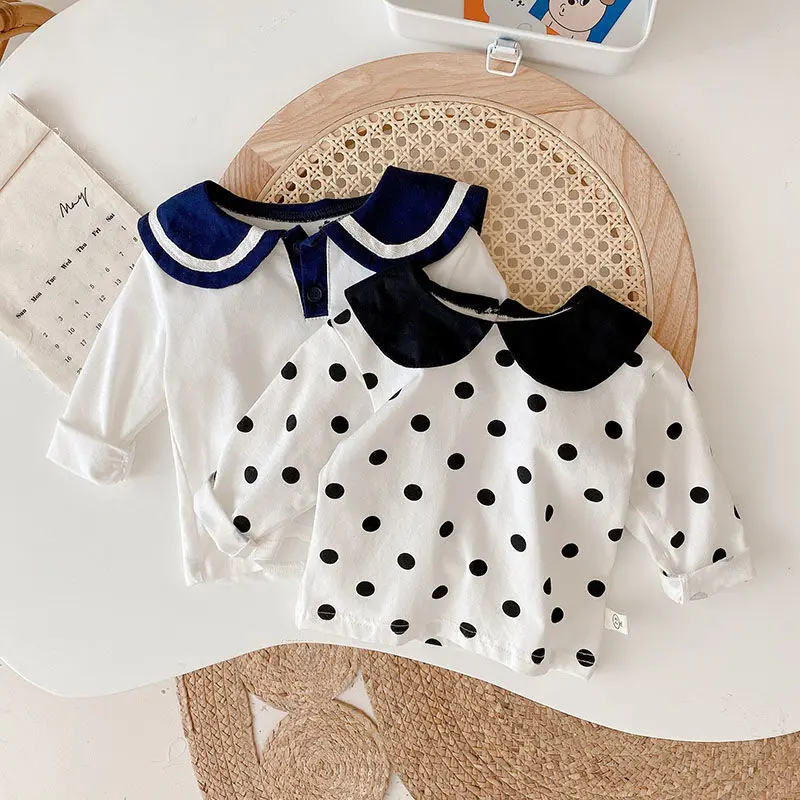 

Baby Girls Long sleeved T-shirt Spring and Autumn Fashionable Polo Dot Top Children's Stripe Bottom Shirt