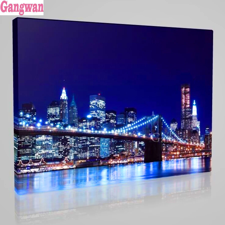 DIY Diamond Painting, Blue City Night, New York Bridge, 5D Cross Stitch, Full Round, Square Embroidery, icon Diamond Mosaic Crys