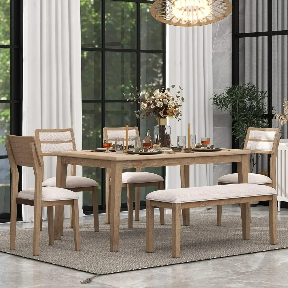 

6 Piece Kitchen Dining Table Set, 60 inch Wooden Rectangular Table with 4 Upholstered Chairs and a Bench, Dining Room Table Set