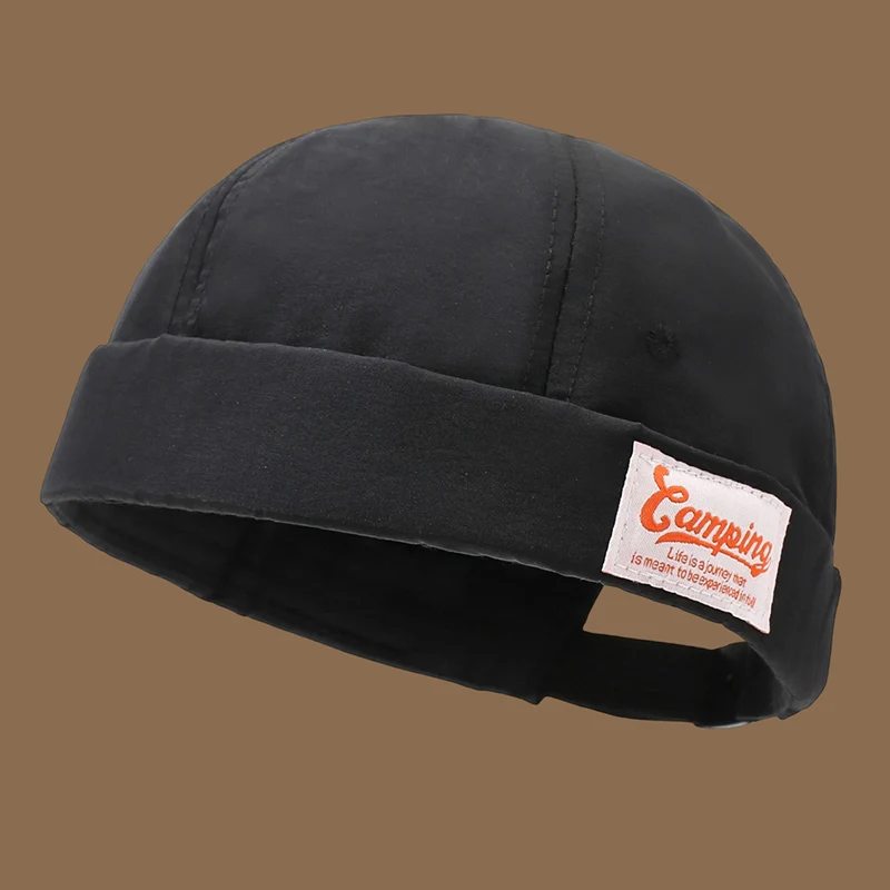 Unisex Brimless Docker Cap with Camping Label, Adjustable Retro Streetwear Lightweight Hip Hop Hat for Outdoor
