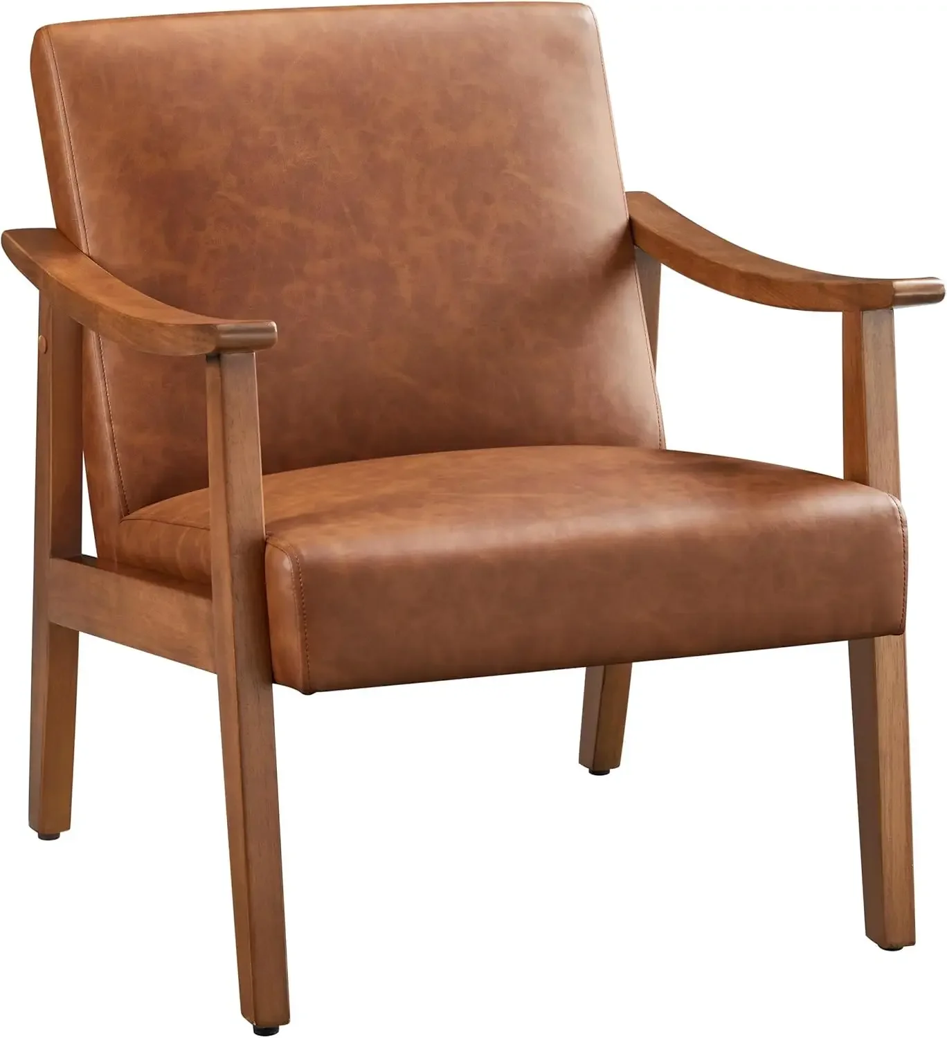 

PU Leather Accent Chair, Mid-Century Modern Armchair with Solid Wood Legs, Reading Leisure Chair with High Back