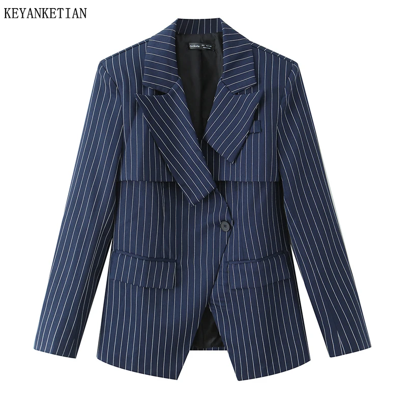 

KEYANKETIAN 2026 Women's Navy Blue Pinstripe Blazer Asymmetrical Lapel Long Sleeve Suit Jacket Office Lady Casual Blazer Coat