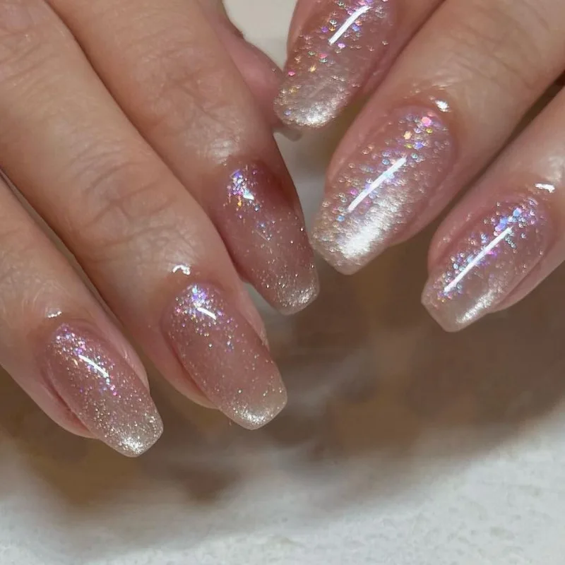 24 Stuks Cat Eye Nude Acryl Valse Nagels Set Verwijderbare Nagels Nep Vrouw Ontwerper Herbruikbare Kleefdecoratie Voor Nagels Bedels