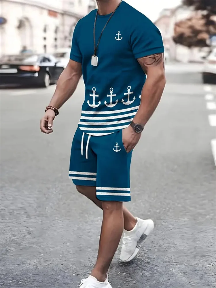 2024 Summer 3D Printing  Men\'s Sailor Sleeve Set Anchor Print Pattern Short Sleeve Shorts Set Crew Neck T-Shirt Drawstring