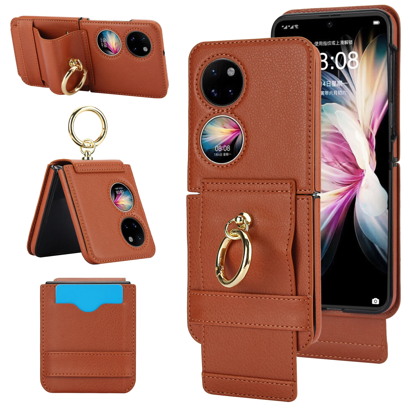 

For Huawei P50 pocket For Huawei pocket 2 Case Ring Holder Cards Slot Leather Wallet Bag Magnetic Purse Stand Phone Cover