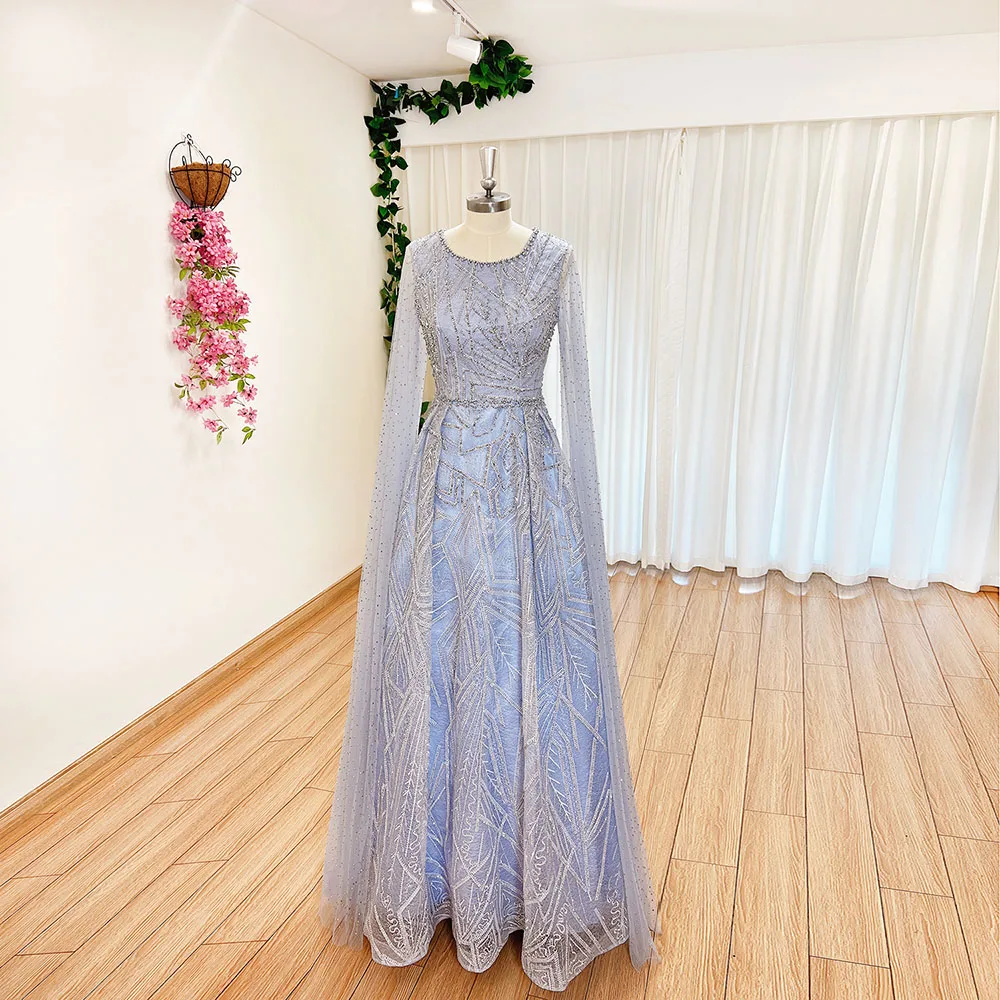 Luxury Dubai Sky Blue Arabic Lace Evening Prom Dress with Cape Sleeves 2024 Aline Formal Wedding Party Gown for Women Customized