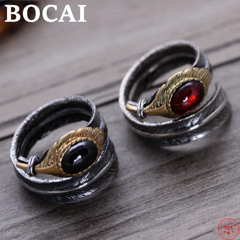 

BOCAI S925 Sterling Silver Rings 2022 New Fashion Bird-shaped Feather Garnet Agate Pure Argentum Viking Jewelry for Men Women