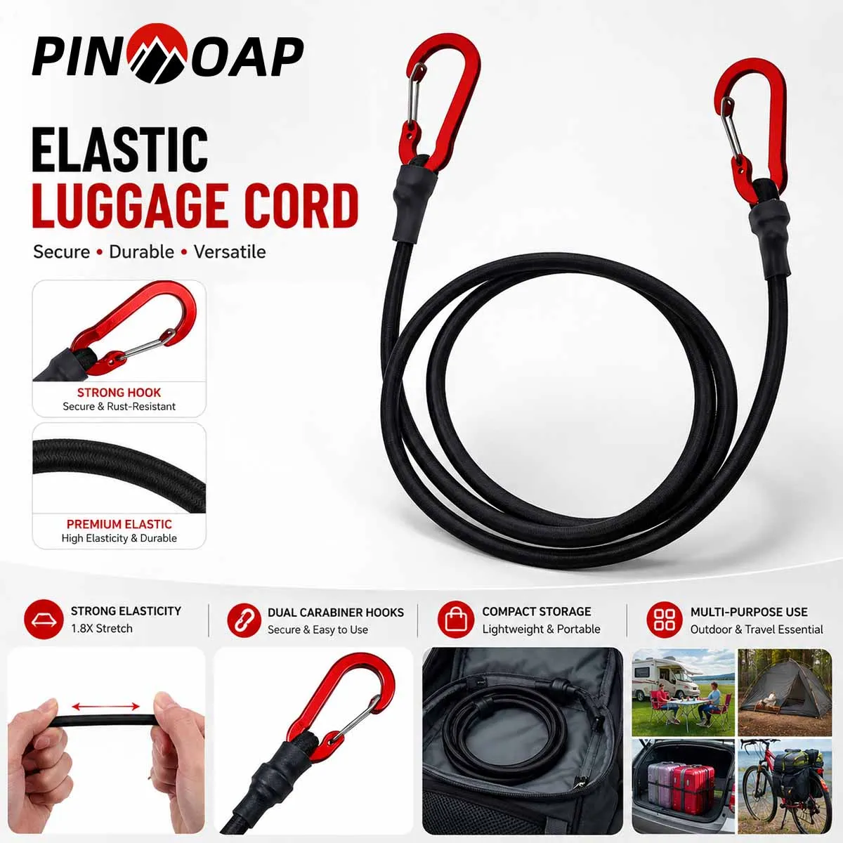 PINMOAP 1PC Luggage Packing Rope Multi Purpose Elastic Strap With Hook For Travel Suitcase Outdoor Camping Cargo Bundling Gear