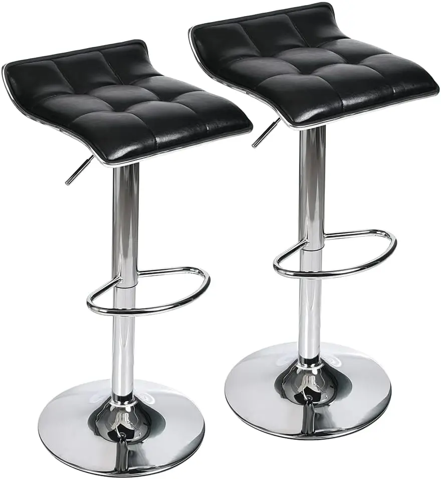 Set of 2 Barstool, Adjustable Swivel Gas Lift Bar Stools, PU Leather with Chrome Base, Black