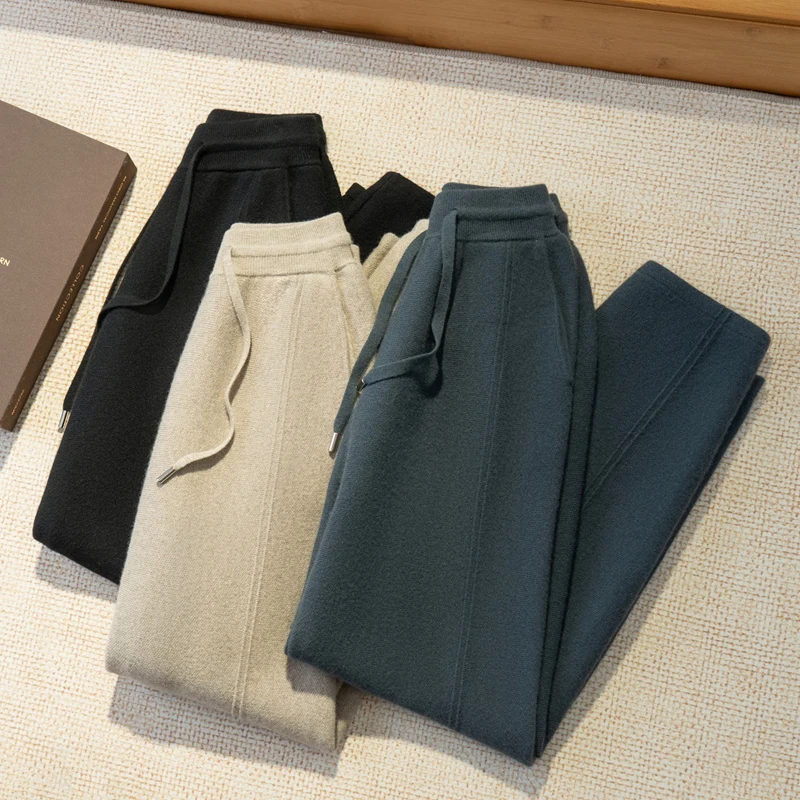 

Мужские брюки-карандаш высокого качества из 100% козьего кашемира, мягкие теплые брюки с высокой талией, осень-зима, новый модный трикотаж, спортивные брюки