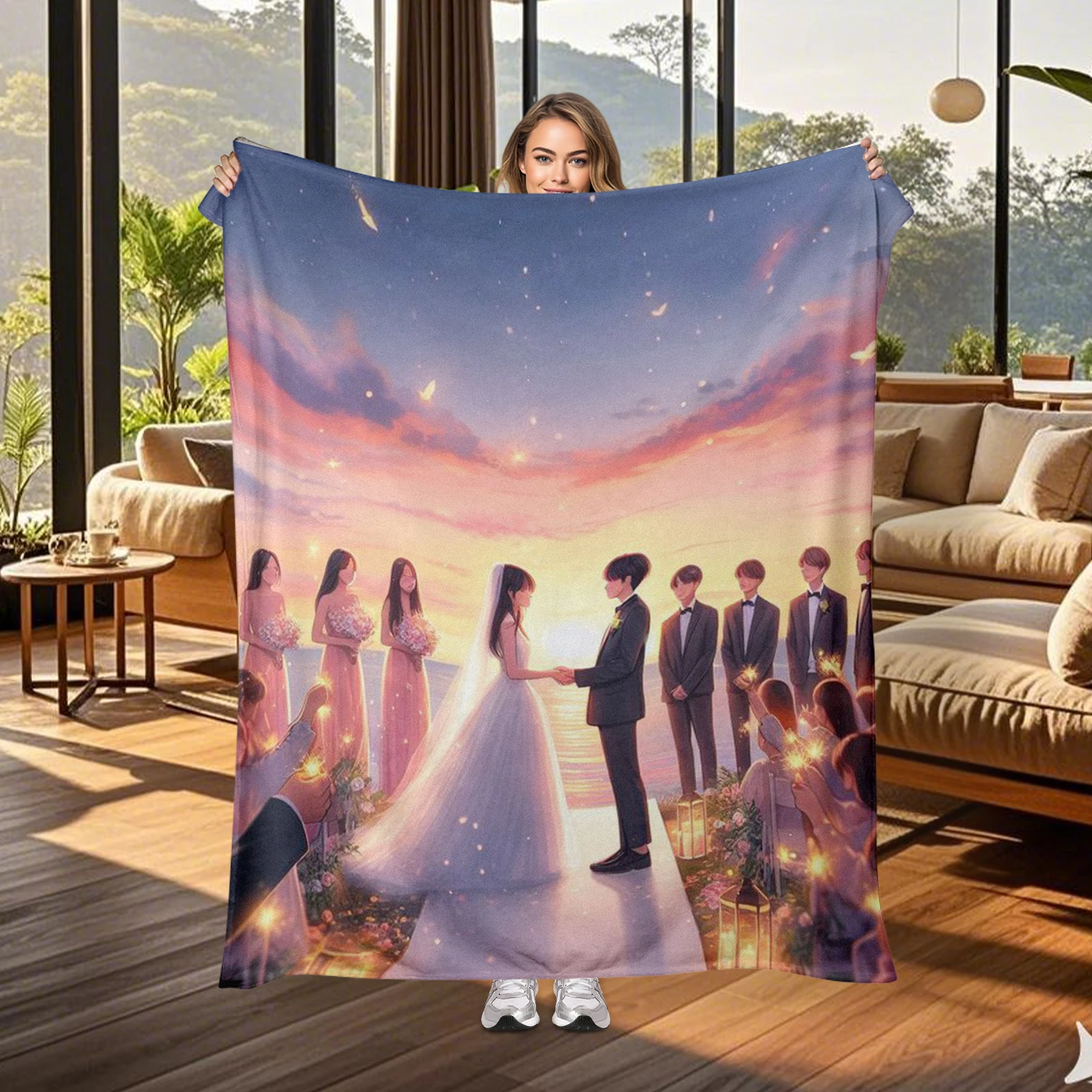 Adorable Cartoon Newlyweds In Wedding Ceremony Blanket, Ideal For Couples During Their Special Season.