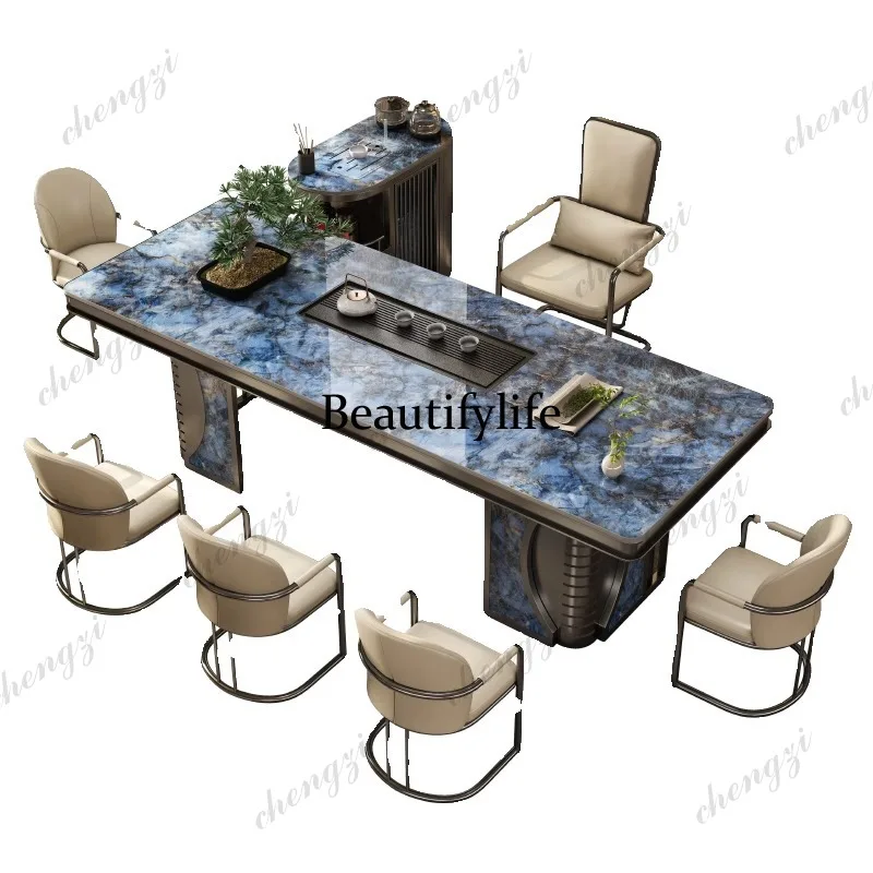 Rock slab tea table Modern tea table and chair combination office villa New Chinese style tea table Premium sense