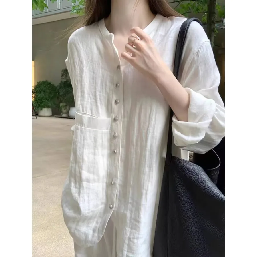 

Весенняя непринужденная рубашка-накидка в стиле ретро с серебряными пуговицами, в китайском дзен-стиле, из белого льна, с защитой от солнца, женская модная одежда