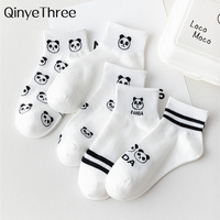 Girls Cute Panda Face Funny Short Ankle Socks White Casual Summer Spring Two Stripes Soft Cotton Women Sokken Sport Gift