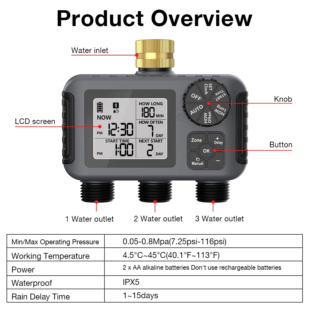 3 Outlet Automatic Irrigation Watering Timer LCD Display Irrigation Controller Programmable Sprinkler for Garden Lawn Pool