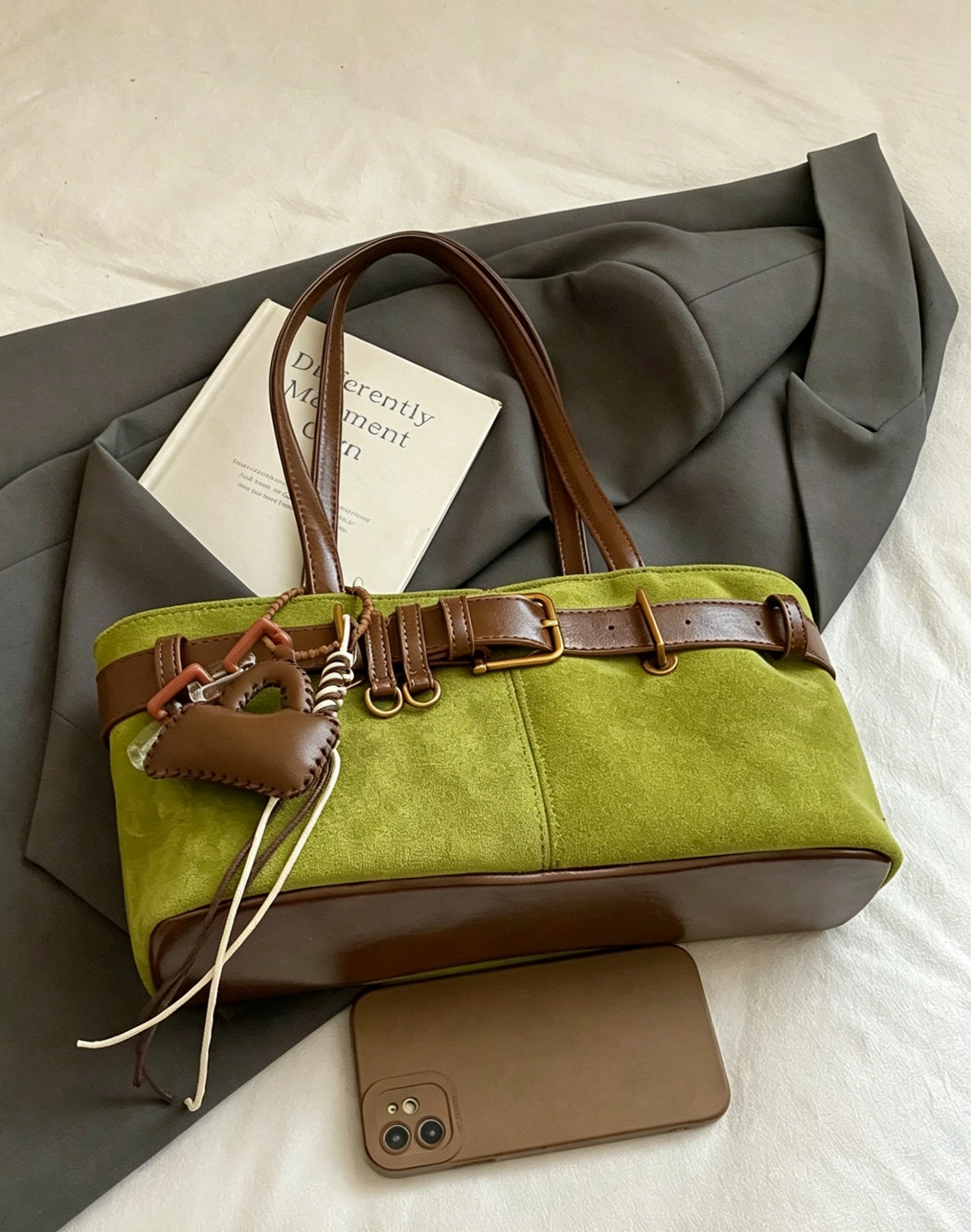 

Suede fabric shoulder bag, vintage fashionable women's Boston bag, single shoulder double handle zipper bag, CHAIKA&KITTER