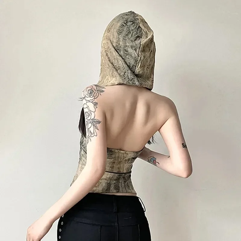 2024 New Dark Vintage Fairy Grunge Sleeveless Holes Tank Top Sexy Backless Irregular Hem Hoodies Tops Cyber Y2K Streetwear Vests