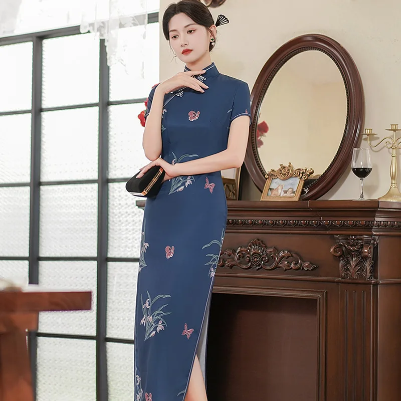 

Women Chinese Elegant Flower Printed Qipao Vintage Mandarin Collar Long Cheongsam Banquet Dress Gown