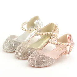 Wedding Party Shoes for Kids Girls Gown Gold Pink Silver Princess Diamond Glitter Crystal Shoes Bow Child Dance Classic Sandals