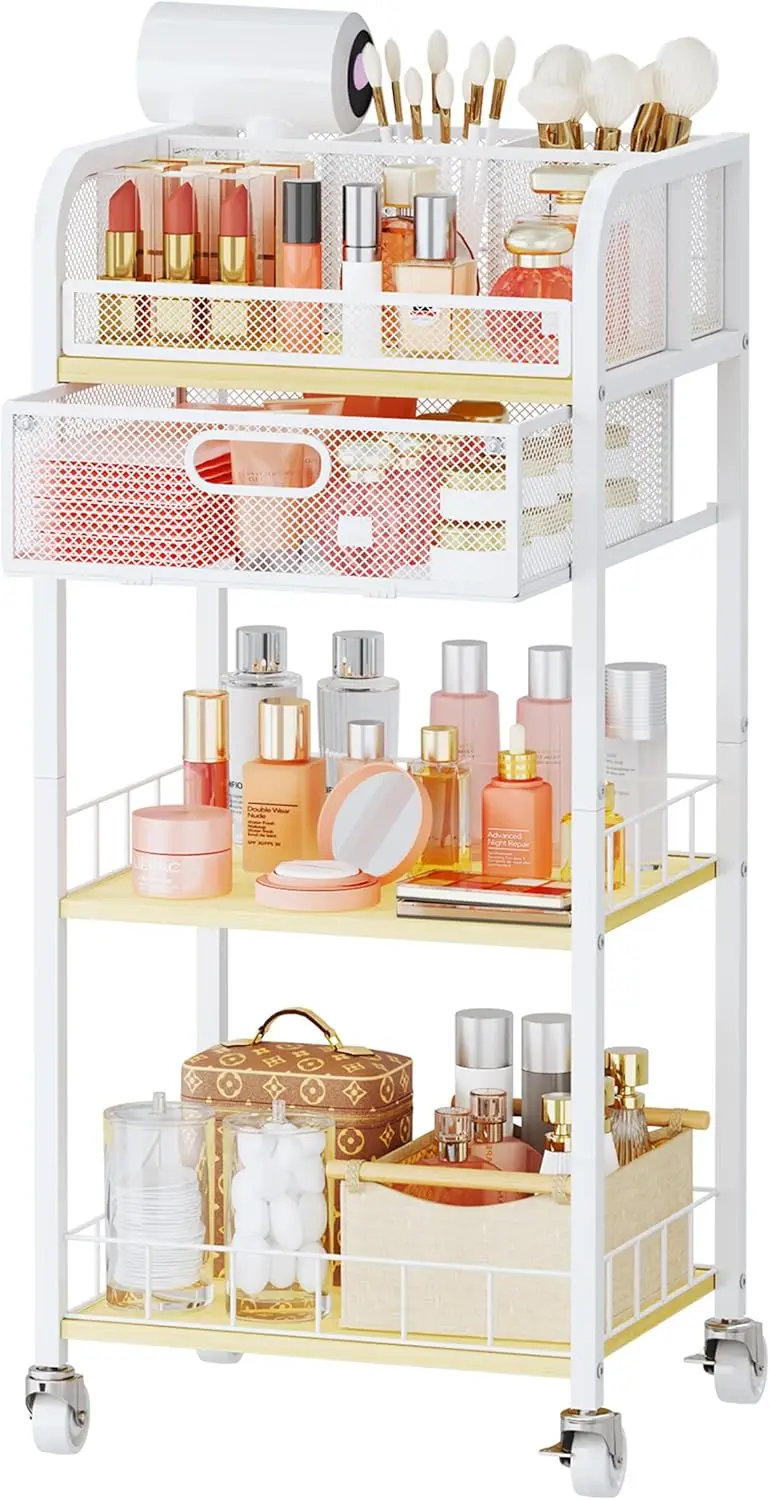 

4-Tier Rolling Makeup Cart with Drawer and Adjustable Dividers for Skincare, Cosmetics, and Beauty Tools Organization