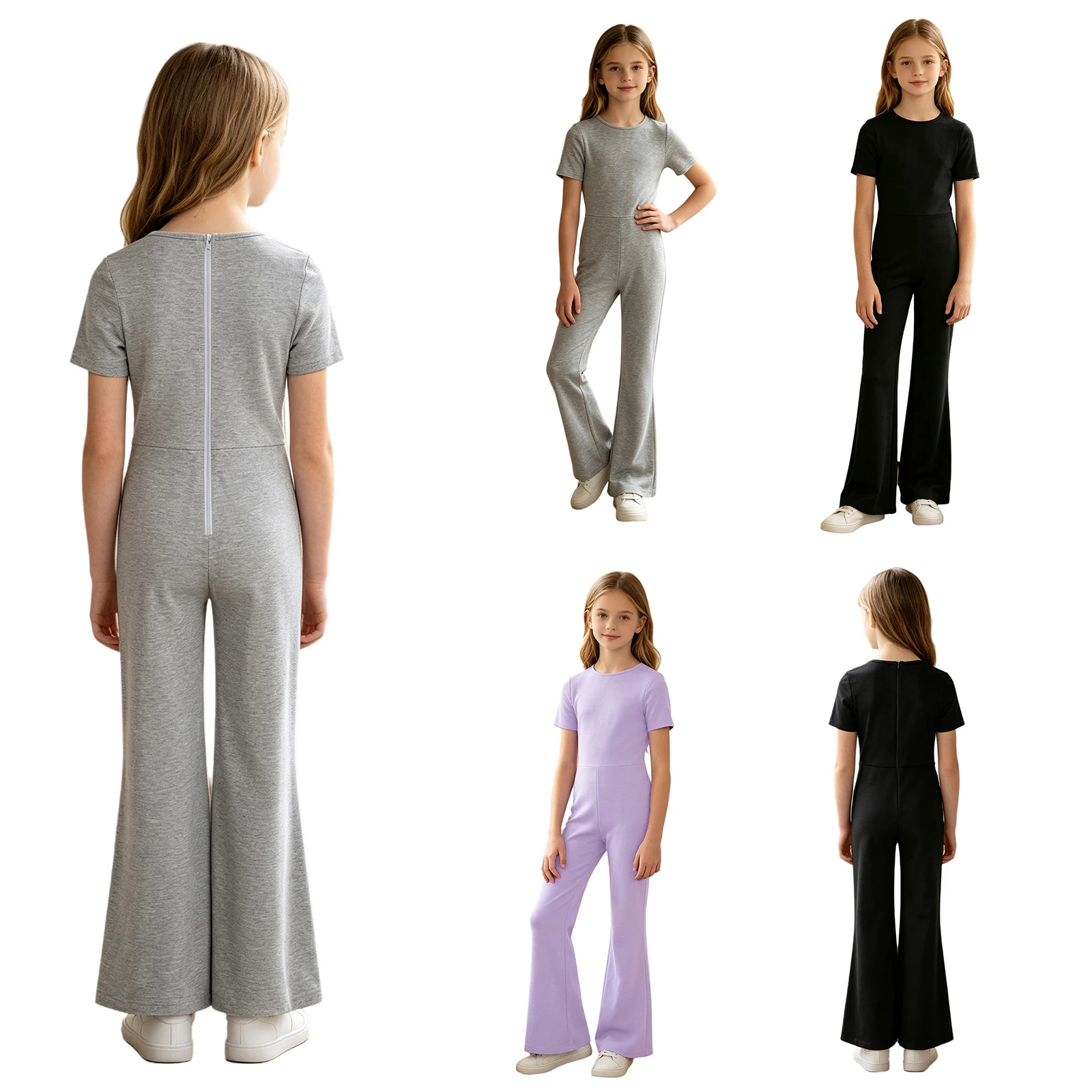 Kids Girls Casual Solid Color Jumpsuit Special Needs Adaptive Clothing Short Sleeve Anti-strip Back Zipper Bell-bottom Rompers view 5