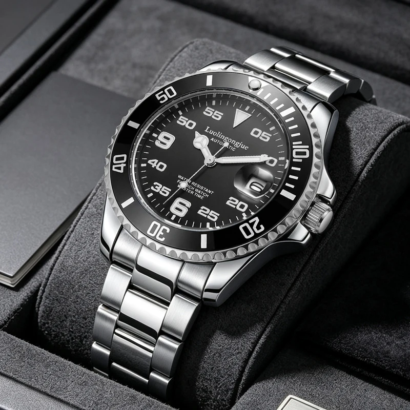 Classic Luxury Men's Watch, Hollow-Out Automatic Mechanical Watch, Stainless Steel Strap, Luminous Calendar Wristwatch, Waterproof Business Sports Versatile Diving Watch, Cross-Border Best-Selling Model