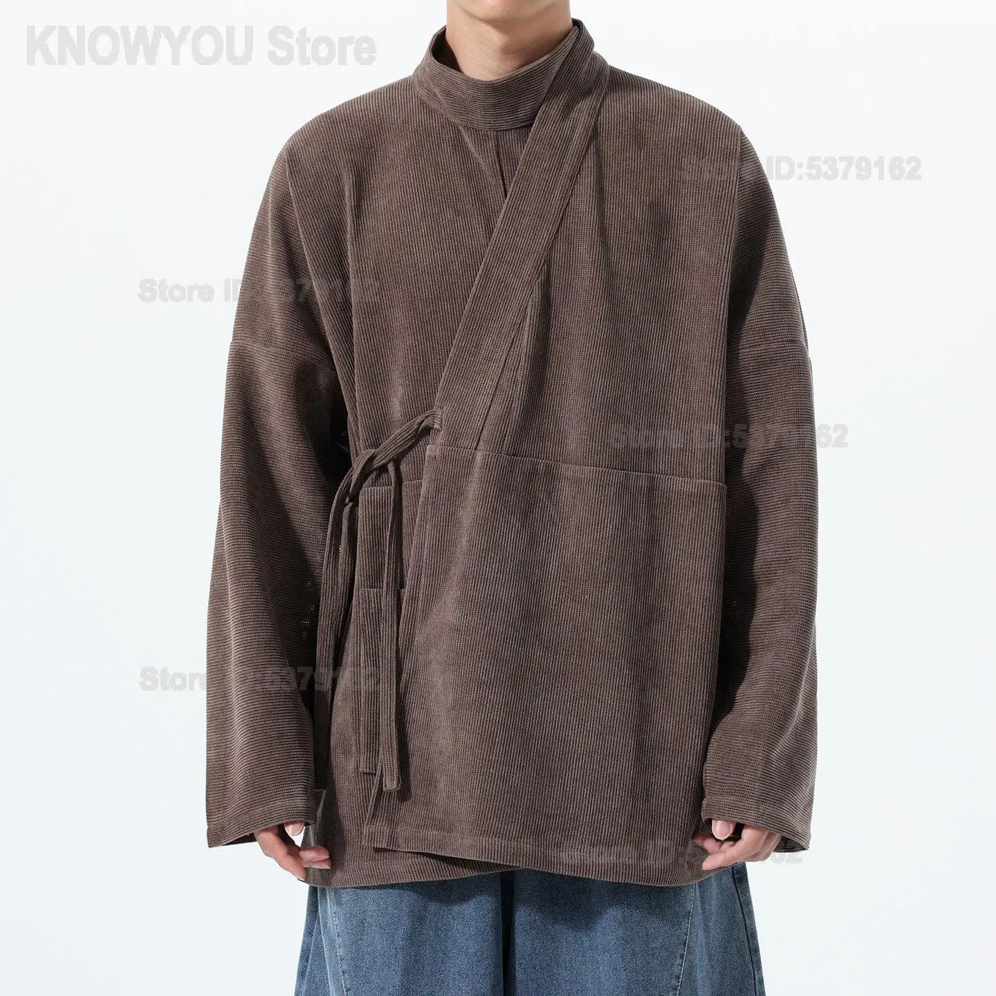 2026 Autumn Winter New Chinese Style Men Half High Collar Undershirt Modified Hanfu Robe Loose Casual Layering Top Outerwear