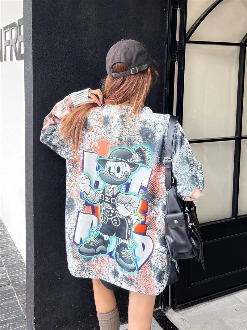 Fashion Cartoon Printed Knitted Tops Autumn and Winter New Hot Diamond Loose Round Neck Pullover Long Sleeve Sweaters Women