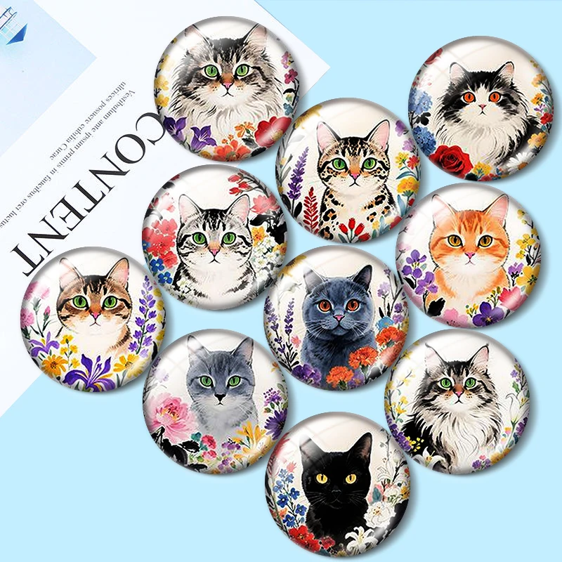 Ink painting of cute cats 12/18/20/25mm glass cabochon  bracelet pendant rings for jewelry demo earrings back Making findings