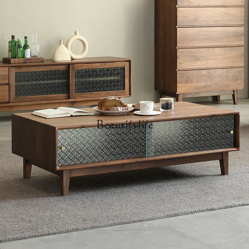 

FG10Black Walnut Wooden Tea Table Nordic and Japanese Style Drawer Storage Tea Cabinet Solid Wood Simple Modern
