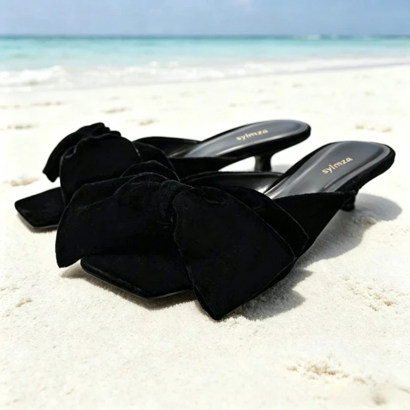 Black Butterfly Knot Satin Slippers for Women Fashion Square Toe Kitten Heel Designer Shoes Summer Sexy Clip Toe Slide Sandals