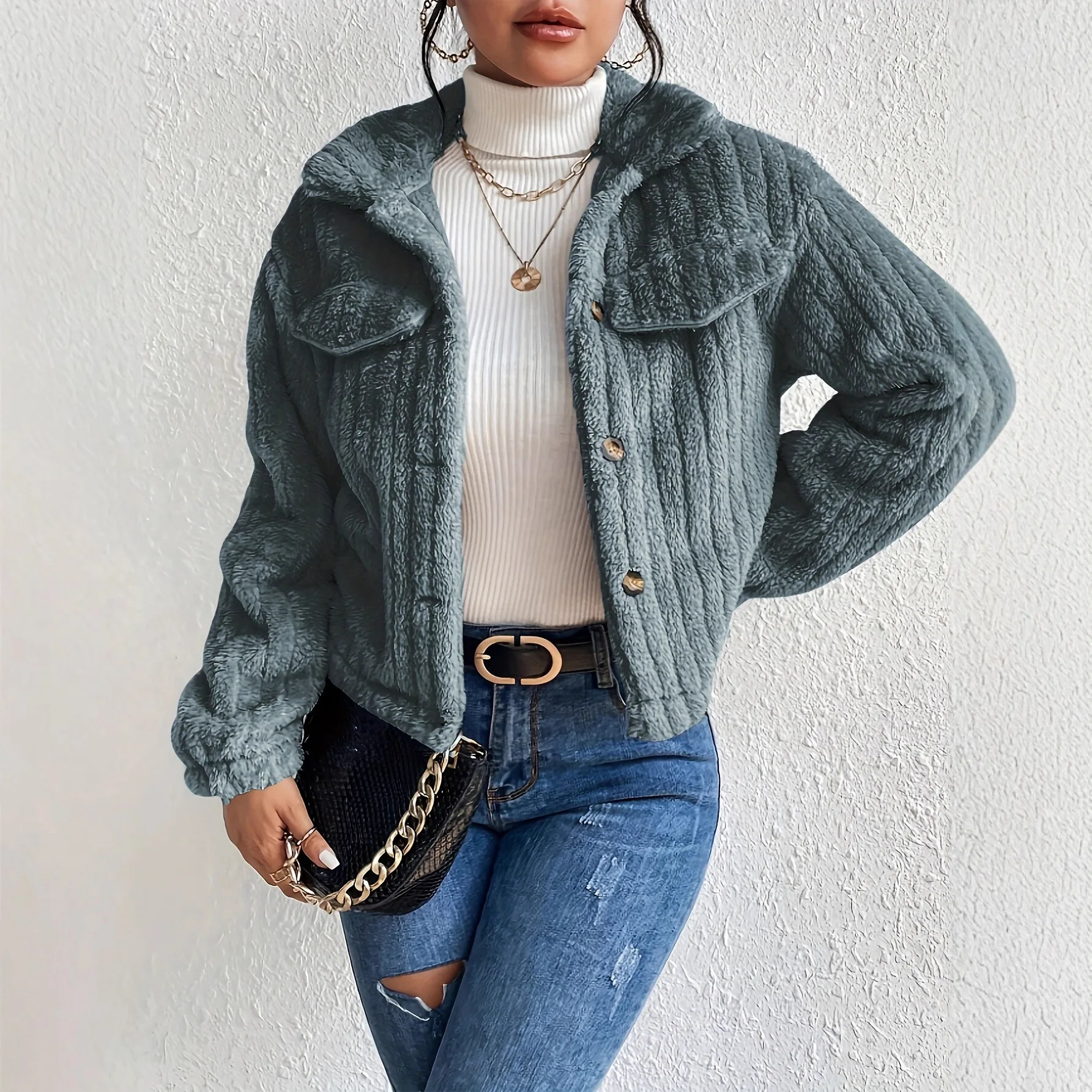

Женская плюшевая куртка свободного покроя с утолщенным воротником, удобная повседневная теплая верхняя одежда, модное зимнее пальто