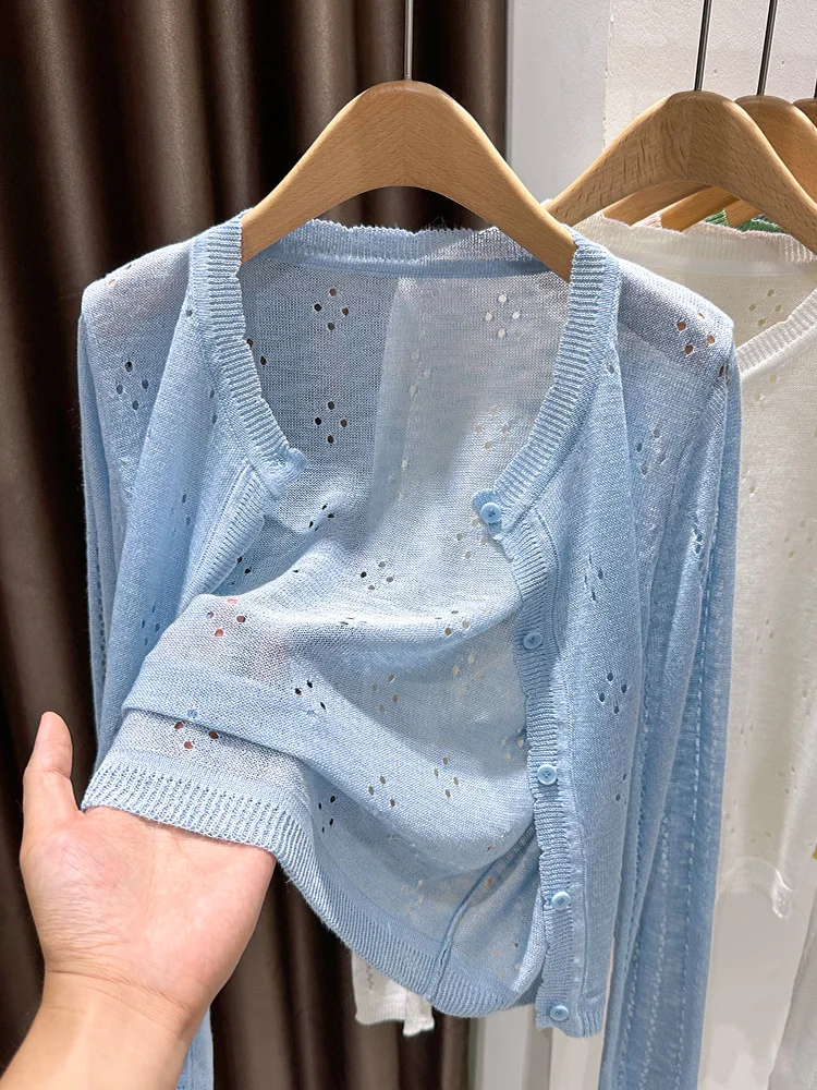 

Синий корейский вязаный кардиган из ледяного шелка с защитой от солнца, женский летний ажурный кардиган с открытыми плечами для кондиционированных помещений