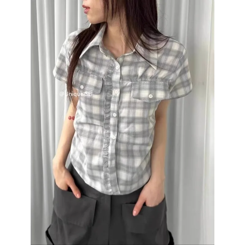 

Polo Collar Single-breasted Pleated Casual Short-sleeved Shirt Women 2025 Summer New High Street Contrast Color Plaid Tops