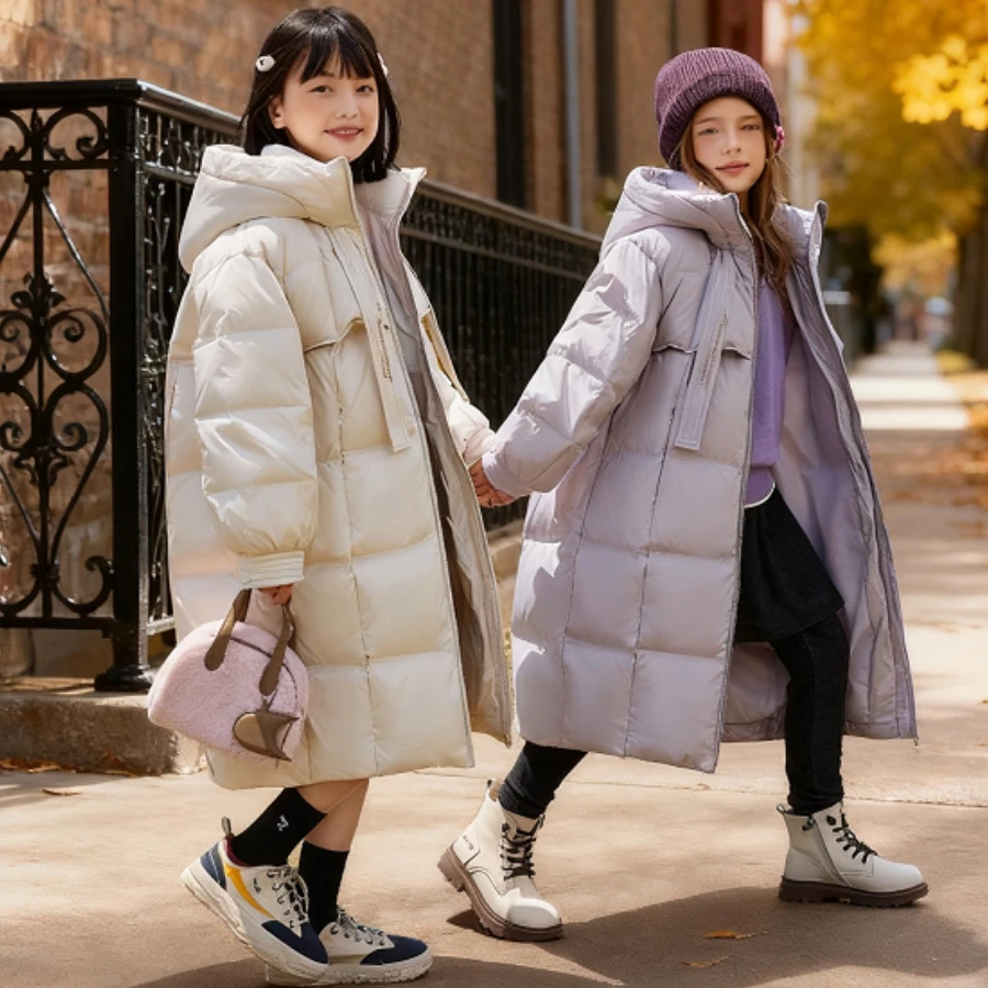 

Girls Long Puffer Coat Winter Thicken Warm Down Jacket for Teen Kids Mid-Length Hooded Outerwear Casual Girl Parkas Age 4-15