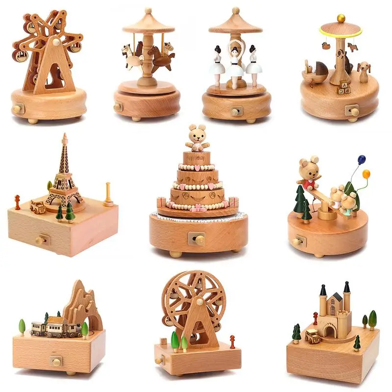 Carousel Musical Boxes Wooden Music Box Wood Crafts Retro Birthday Gift Vintage Home Decoration Accessories Valentine Day Gift