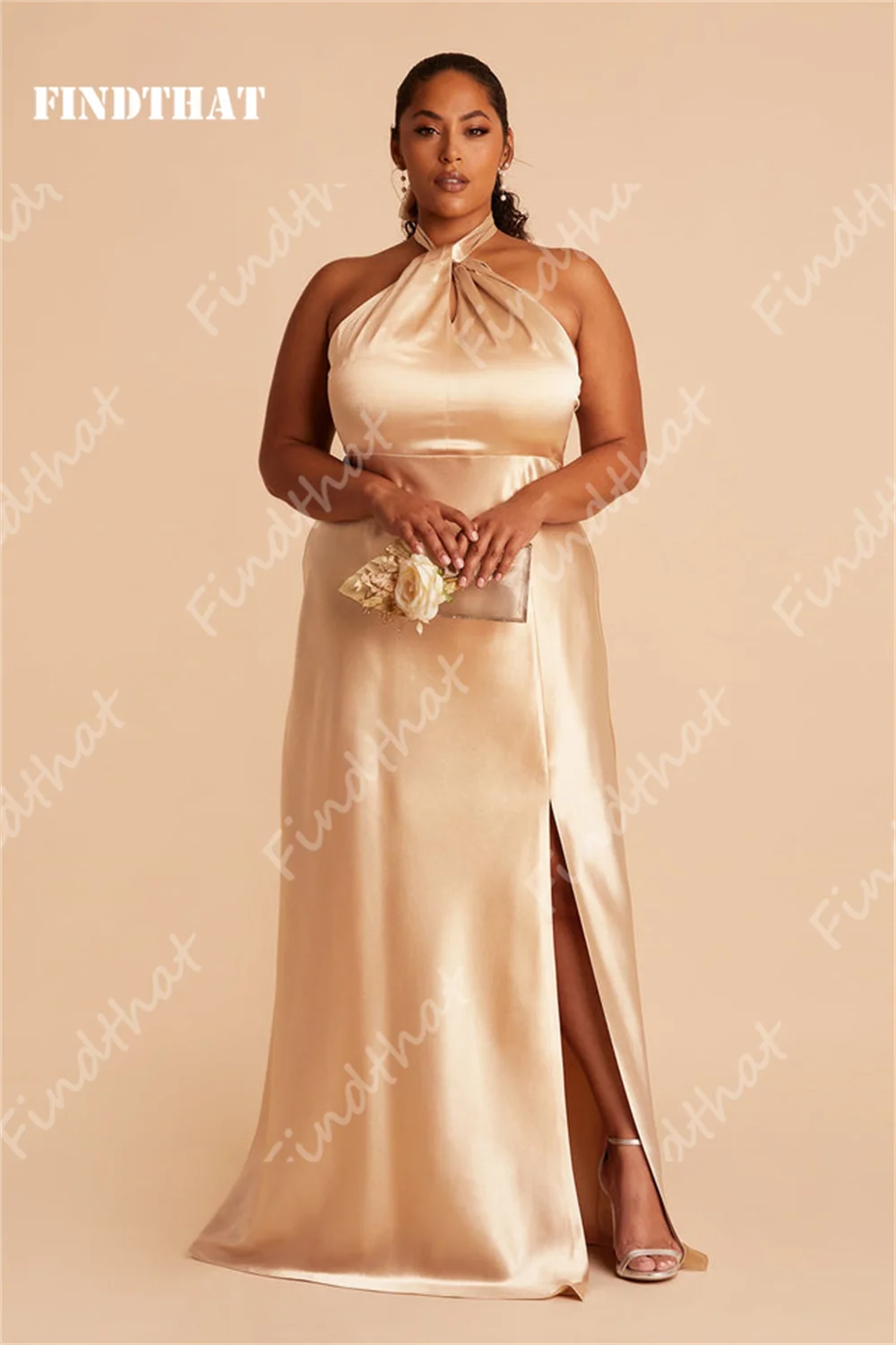 Findque-Simples cetim vestido damas de honra, fenda lateral, sem mangas, Champagne elegante, Evening Party Gown, Wedding Guest Vestidos