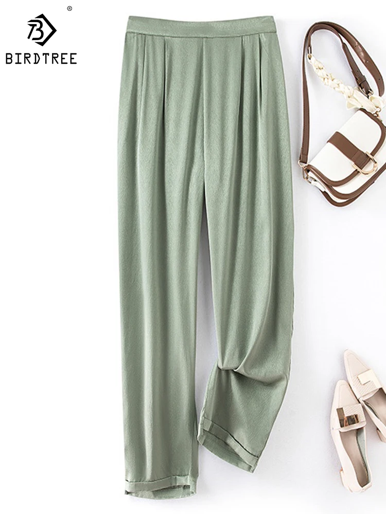 

Birdtree 93%Mulberry Silk Stretch Suit Pants Women's Summer High Waist Thin Drape Straight Commute Trouser Matcha Green B38845QD