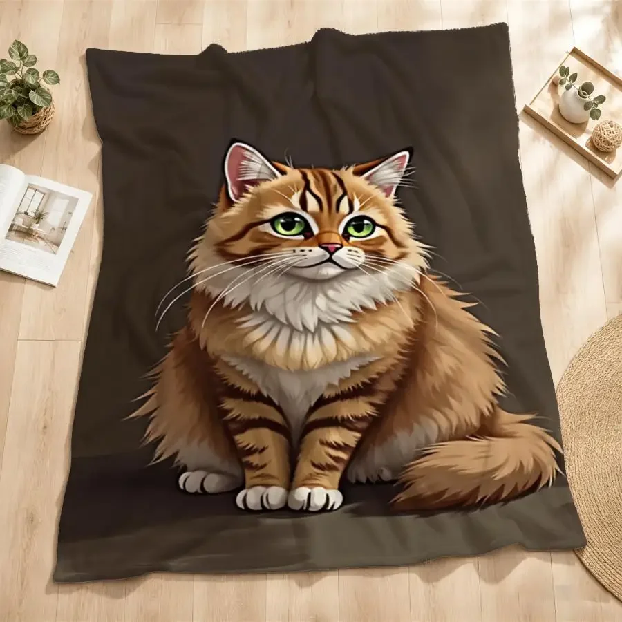 Cozy Weighted Flannel Throw Blanket Suitable for - Warmth - Soft Fleece Bedspread with Stylized Brown Cat, Machine Washable