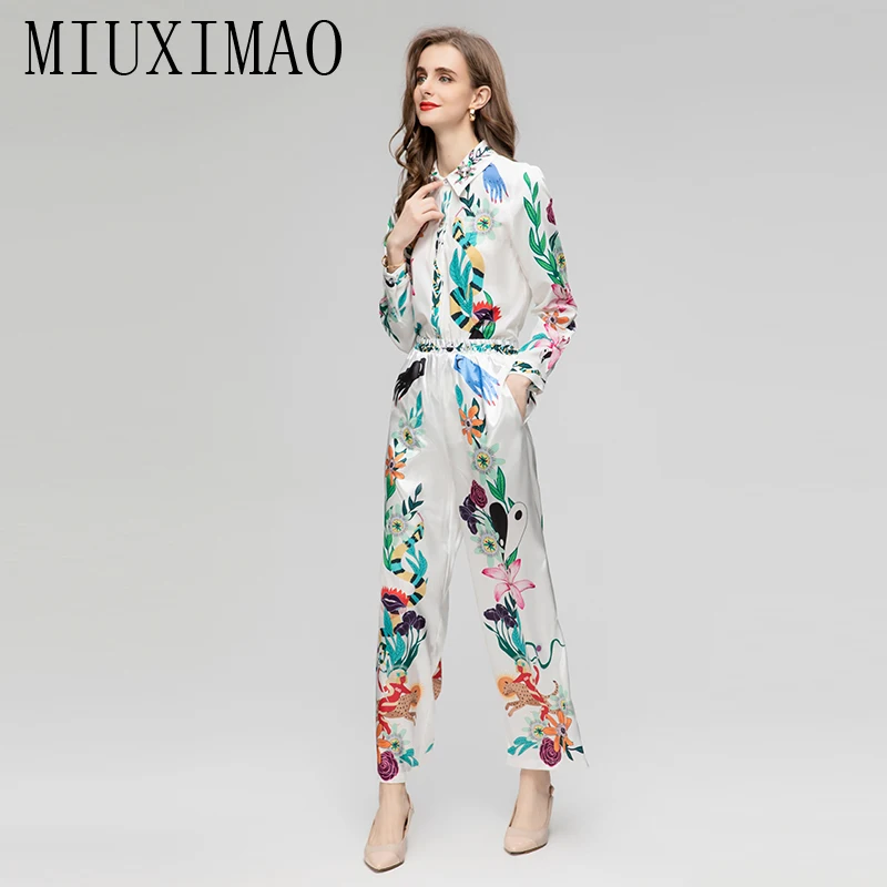 

MIUXIMAO 2023 Fall Luxury Diamond Collar Sicily Elegant Set White Flower Print Top+ Slim Pants Fashion Two-piece Set Women