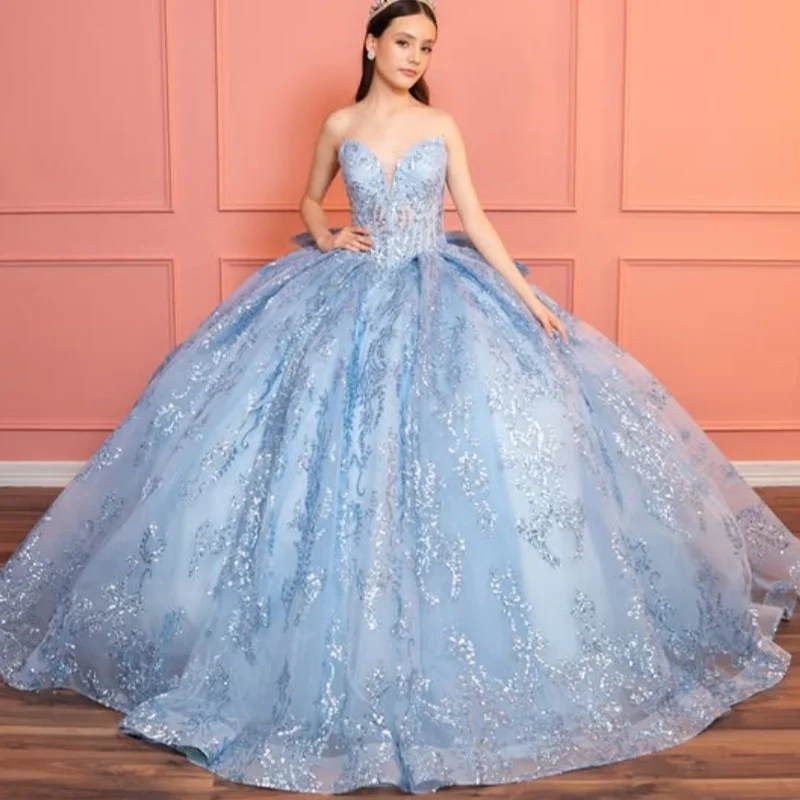 

Haze Blue Quinceanera Dresses Off the Shoulder Sequin Crystal Decal Long tail Bow Vestido De 15 Quinceanera Customize